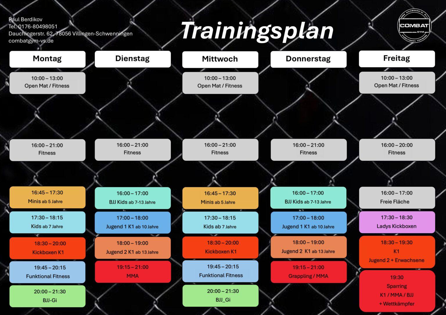 Wöchentlicher Trainingsplan, im Hintergund Draht, welcher optisch an ein MMA-Oktagon angelehnt ist