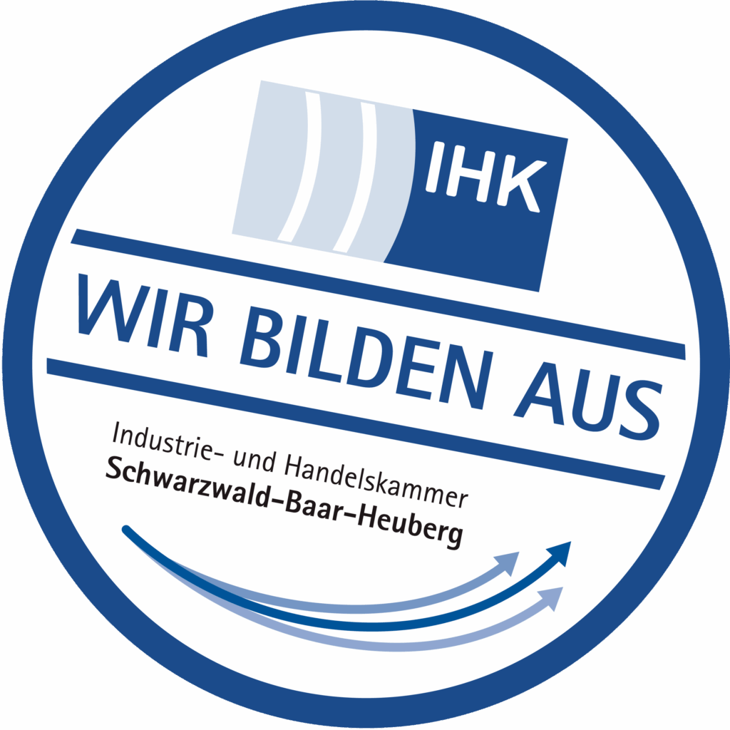 Blau-weißes Zertifikat der IHK mit der Aufschrift "Wir bilden aus"