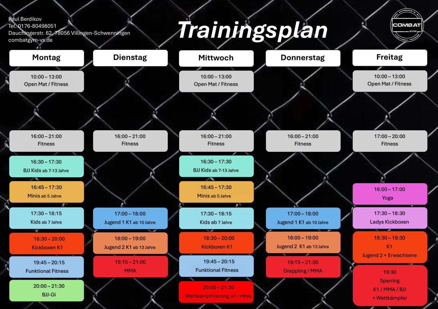 Trainingsplan in Tabellenform, farblich markiert