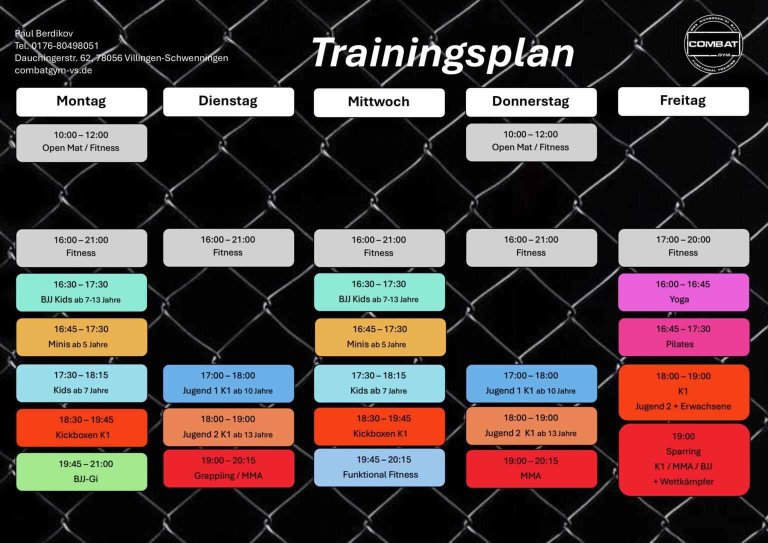 Trainingsplan in Tabellenform, farblich markiert